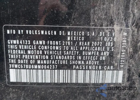 2021 Volkswagen Jetta 1.4T R-Line/1.4T S/1.4T Se из США, поврежденный, VIN 3VWC57BU6MM004237